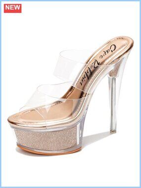 Clear Platform Stiletto Heels Slip-On Faux Rhinestone Sandals